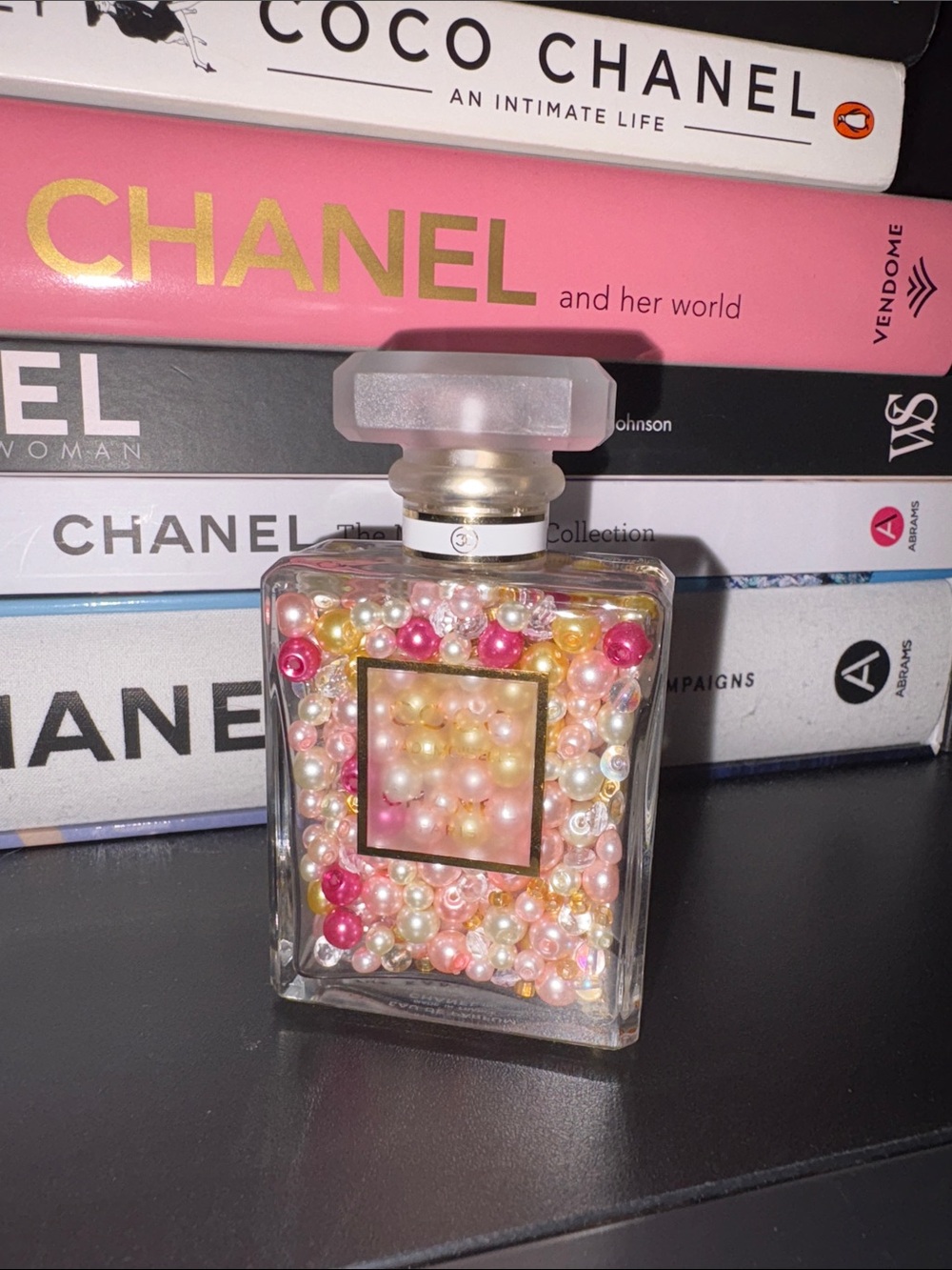 CHANEL Decorative Perfume Bottle Filled With Pink, Gold, White Pearls